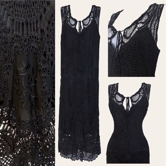 Crocheted net goth elvira noir Vtg vintage 90s romantic evening dress size Large - Picture 1 of 7